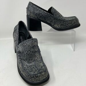 NWT 90s Vintage Prima Royale Gray/Black Snakeskin Chunky Heel Loafers SIZE 7.5